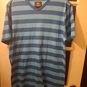Quiksilver Men's Teal and Navy Striped V-Neck Tee